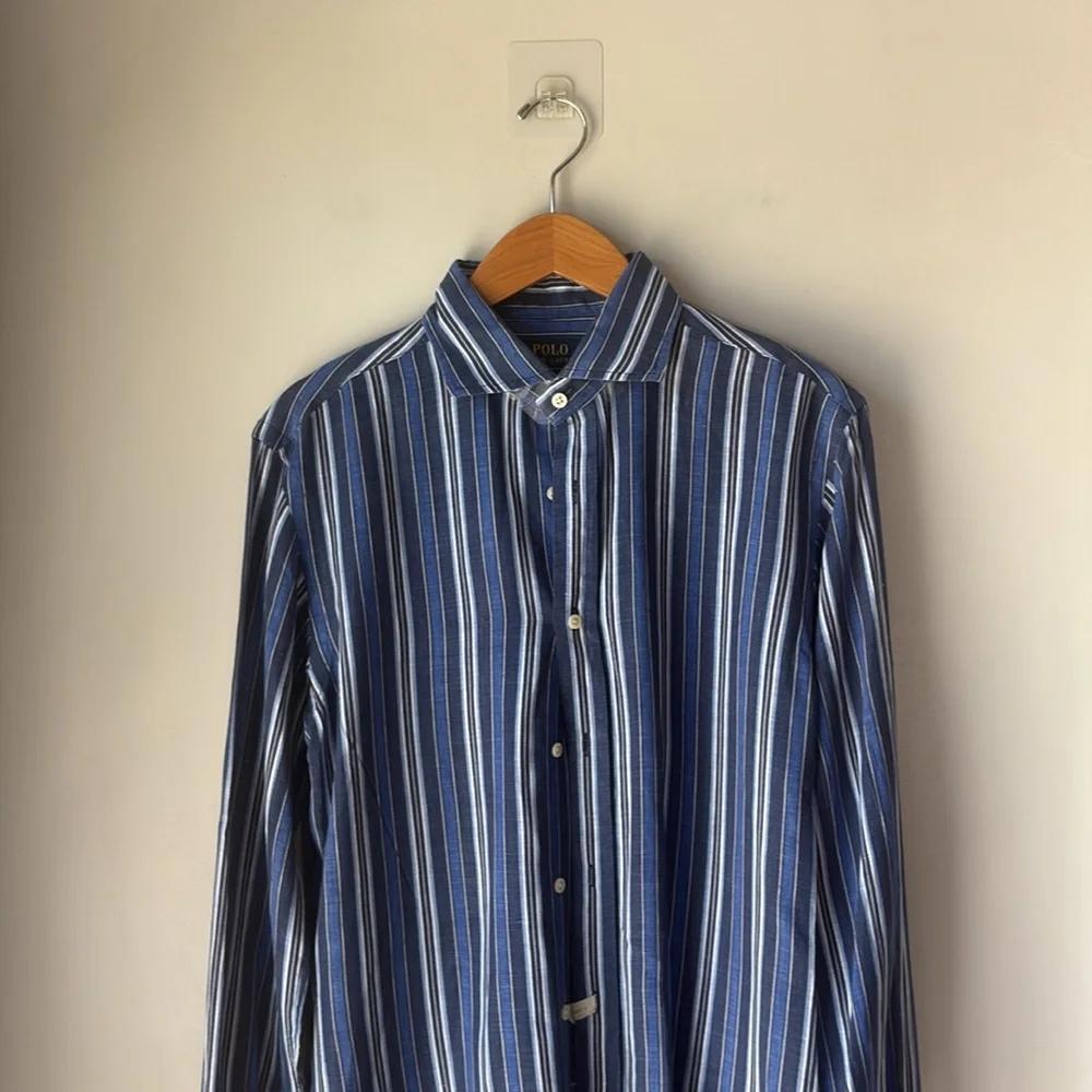 Polo Ralph Lauren 100% Linen Men's Blue Striped Button Up Current Shirt Sz M - Picture 2 of 8